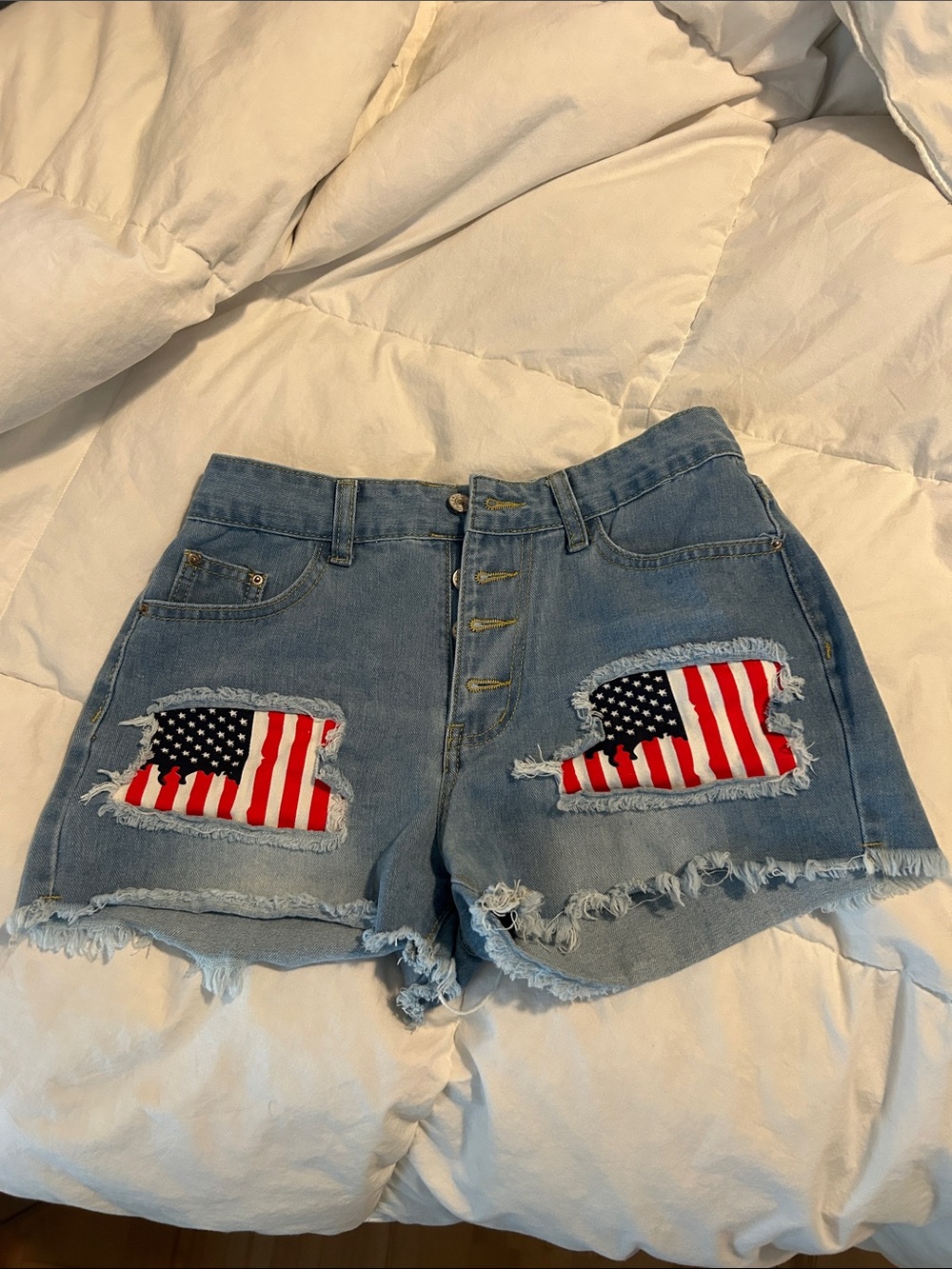 High-Rise Distressed Denim Shorts with American Flag Patch - Blue